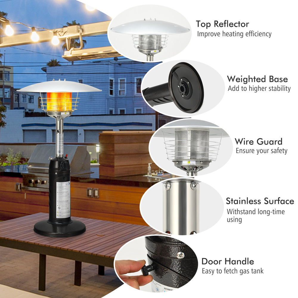 Portable tabletop propane patio heater with weighted base, stainless surface, and wire guard for safety and stability.