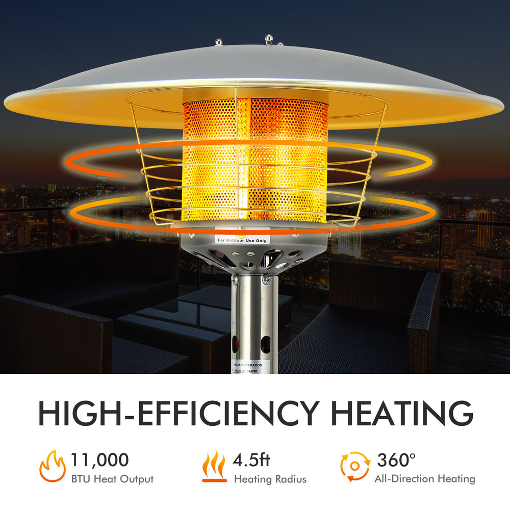 Portable tabletop propane patio heater with 11,000 BTU output, 360° heating, and rust-resistant design for outdoor use.