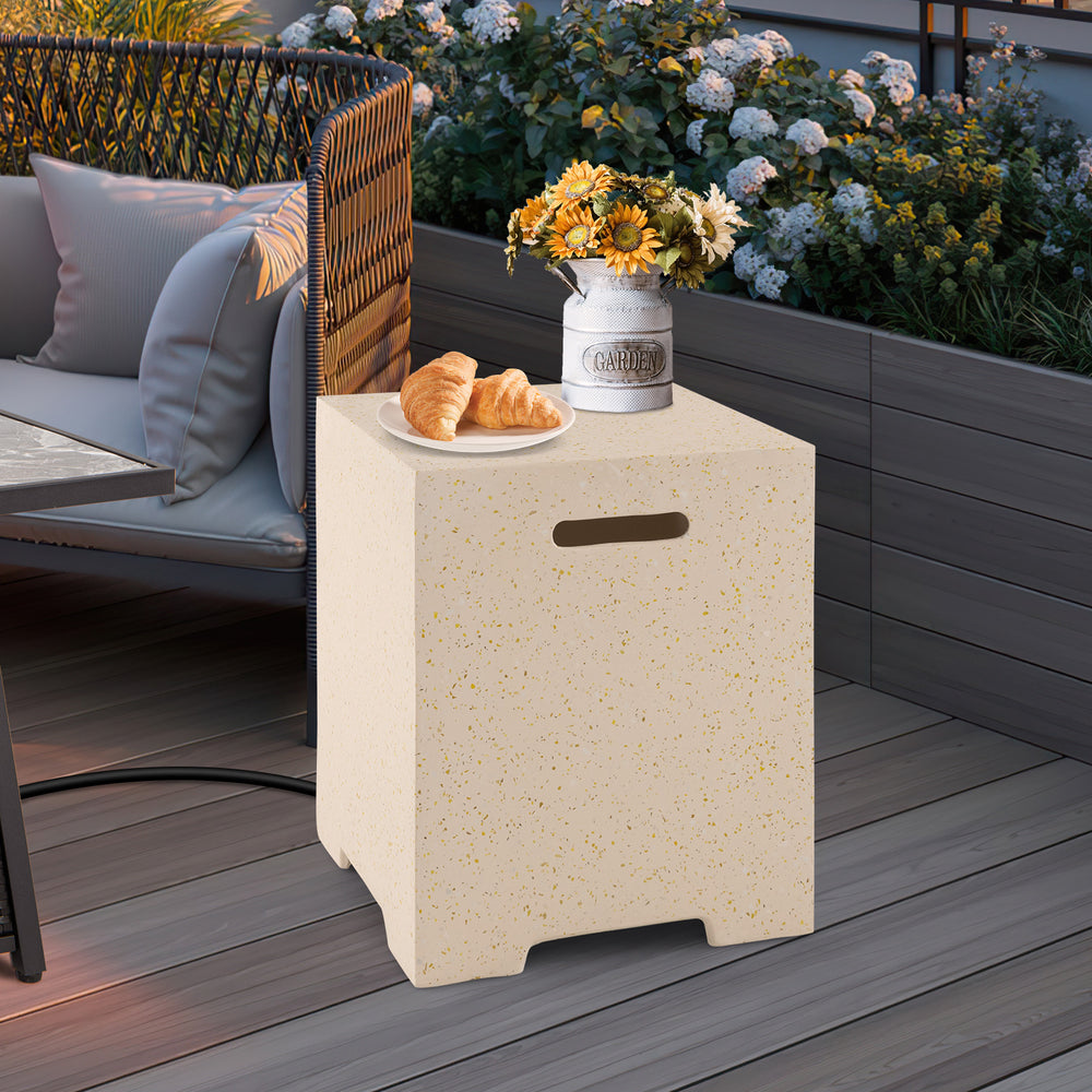 Premium terrazzo gas tank holder side table with cut-out handles, perfect for outdoor elegance and easy mobility.