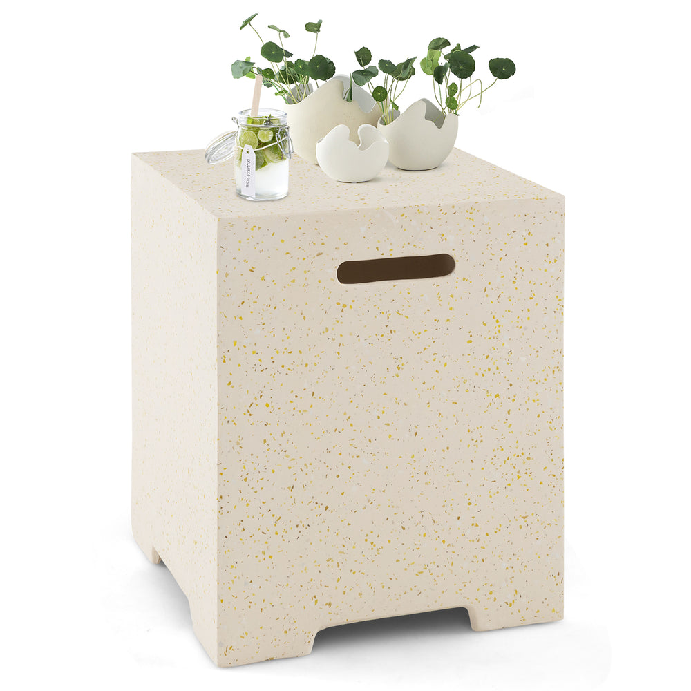 Terrazzo side table and gas tank holder with protective cover, ideal for outdoor use and elegant decor.