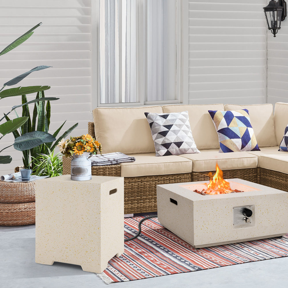Side view of the 2-in-1 gas tank holder side table in premium terrazzo, perfect for outdoor elegance and convenience.