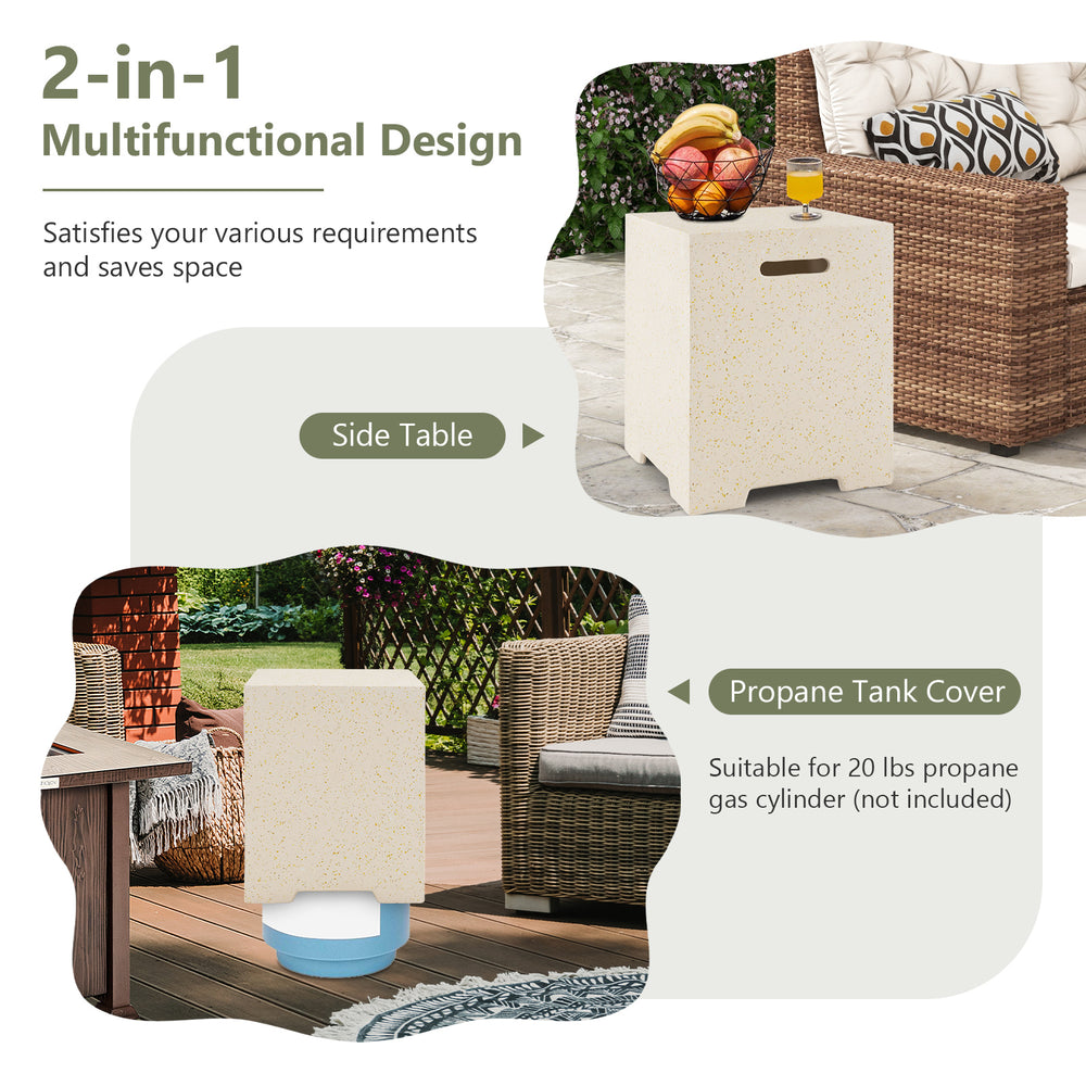 2-in-1 gas tank holder side table in premium terrazzo, ideal for outdoor use, with protective cover for propane tank.