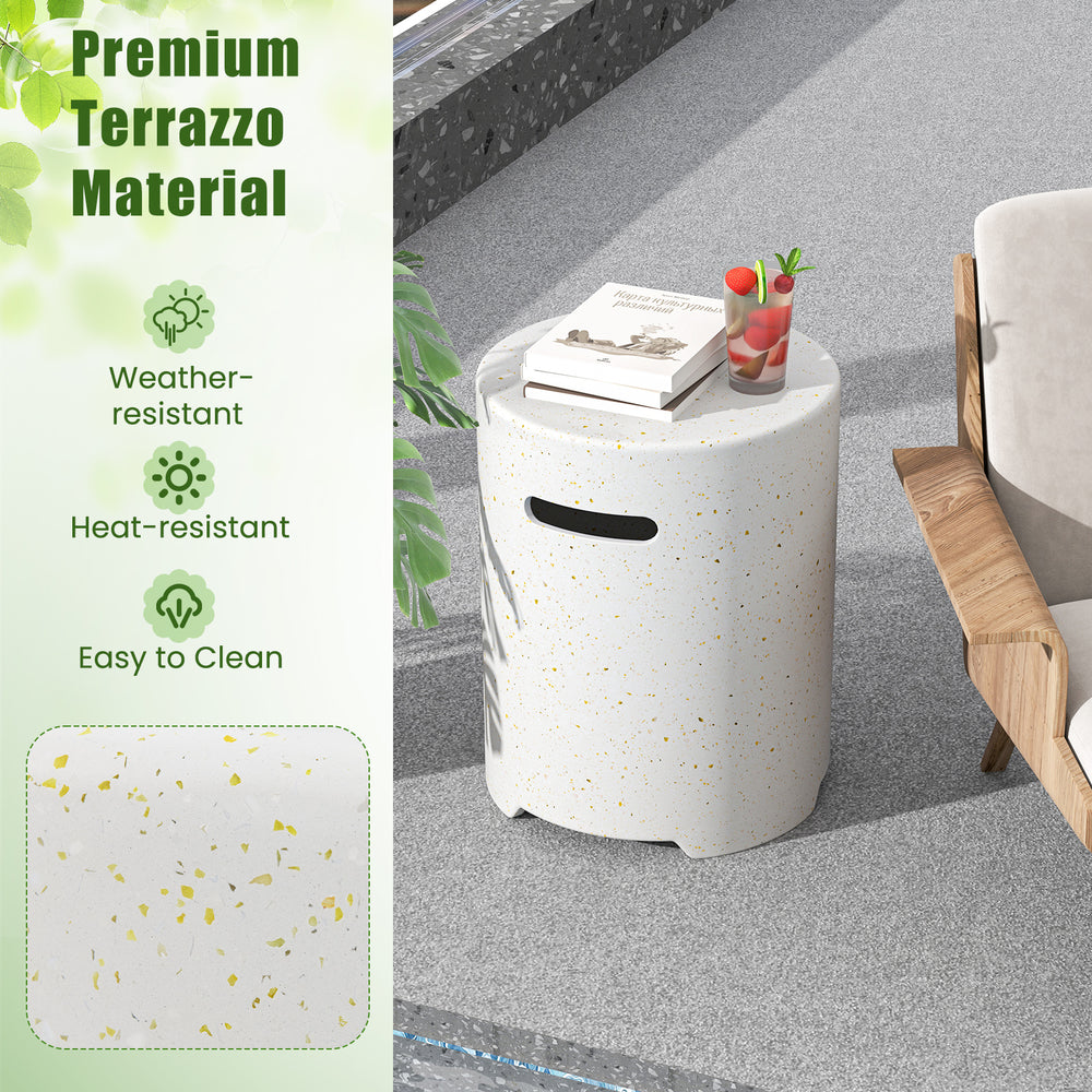 Terrazzo propane tank cover table with side handles, weather-resistant and stylish for patio or deck use.