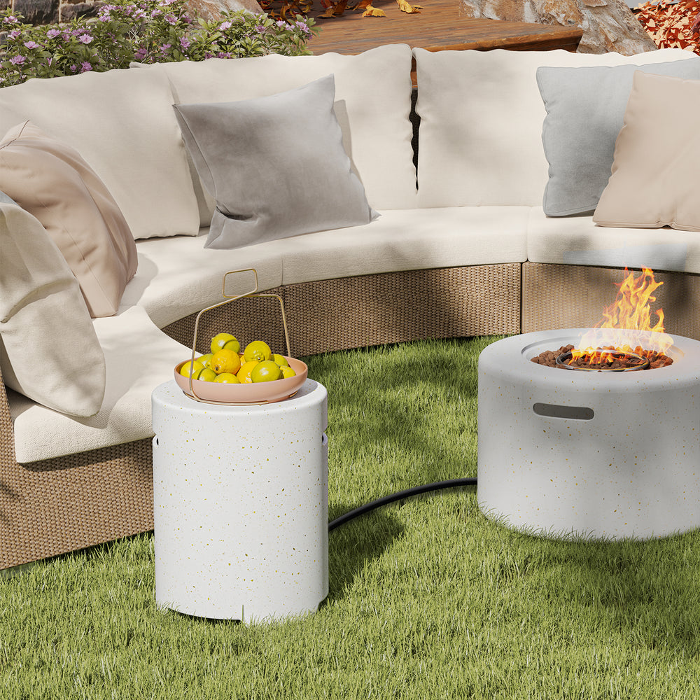 Propane tank cover table in terrazzo finish, featuring convenient side handles and a sleek design for outdoor spaces.