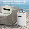 Compact propane tank cover table in white terrazzo with side handles, perfect for stylish patio use.