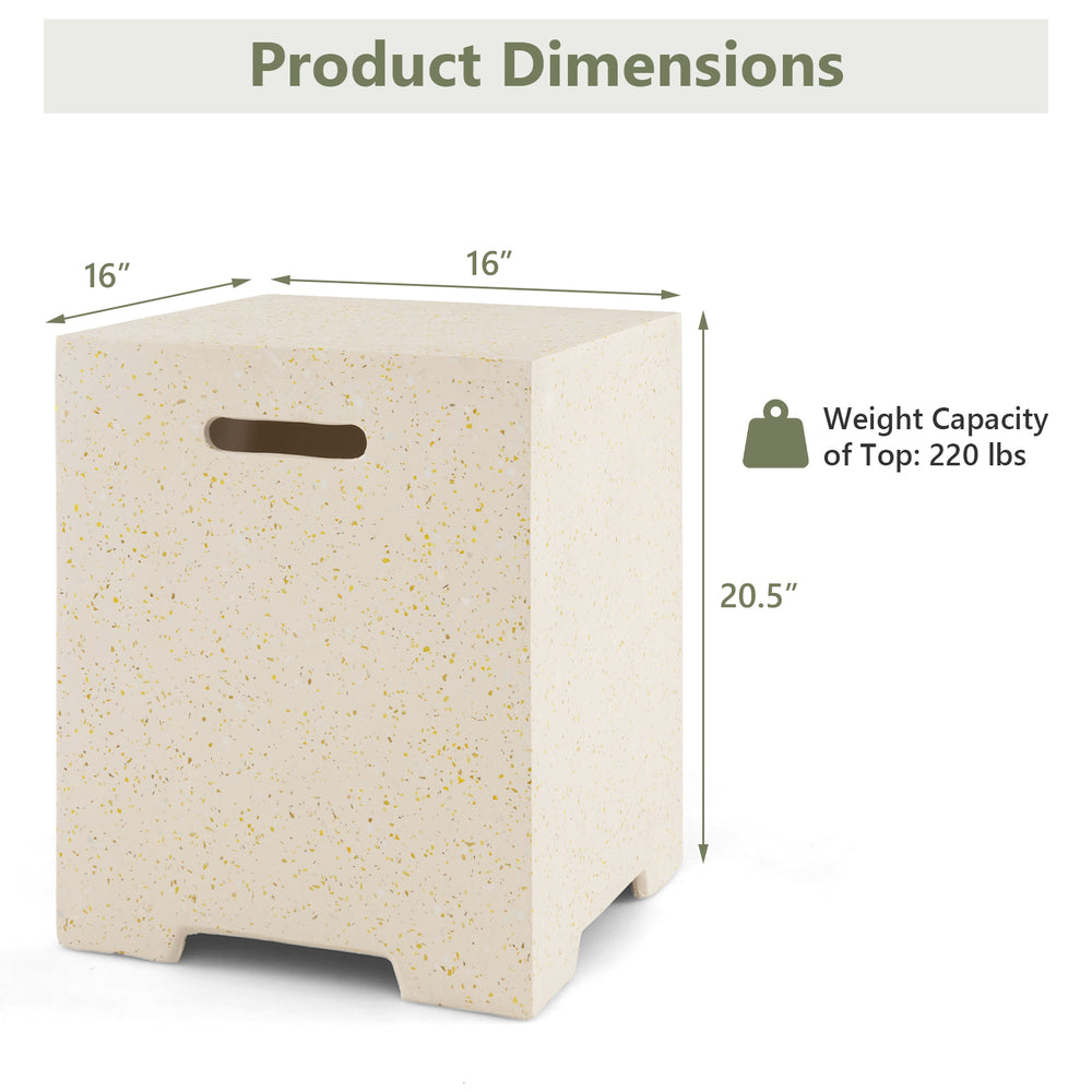 Terrazzo 2-in-1 gas tank holder side table with dimensions 16" x 16" x 20.5", ideal for outdoor use and stability.