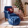 Pumpkin-shaped blue ottoman with hidden storage, premium velvet surface, and anti-slip feet for versatile home use.