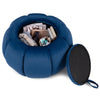 Pumpkin-shaped blue ottoman with hidden storage, removable lid, and soft velvet surface for versatile home use.