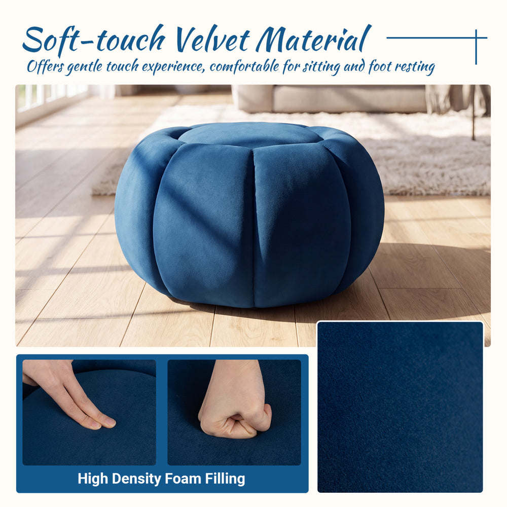 Pumpkin-shaped blue ottoman with soft velvet material, high-density foam filling, and hidden storage for versatile use.