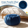 Pumpkin-shaped blue ottoman with hidden storage, premium velvet surface, and removable lid for versatile home use.