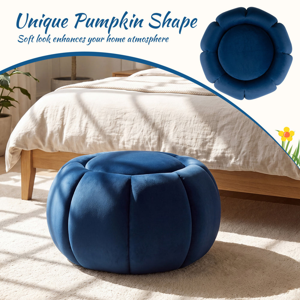 Pumpkin-shaped blue ottoman with hidden storage, premium velvet surface, and removable lid for versatile home use.