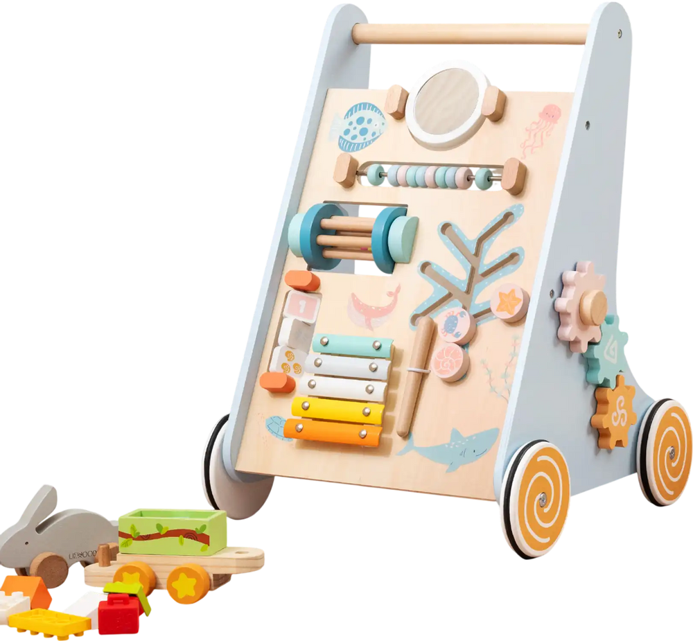 Wooden baby walker push and pull activity center in blue, featuring a rolling drum and flippable blocks for sensory.