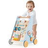 Wooden baby walker activity center in blue with wheels, featuring a mirror, xylophone, and various learning games for.