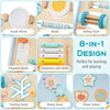 Wooden baby walker activity center in blue with xylophone, beads, and mirror for learning and playing.