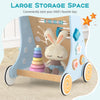 Wooden baby walker in blue with large storage space, featuring a xylophone and sensory toys for learning and play.