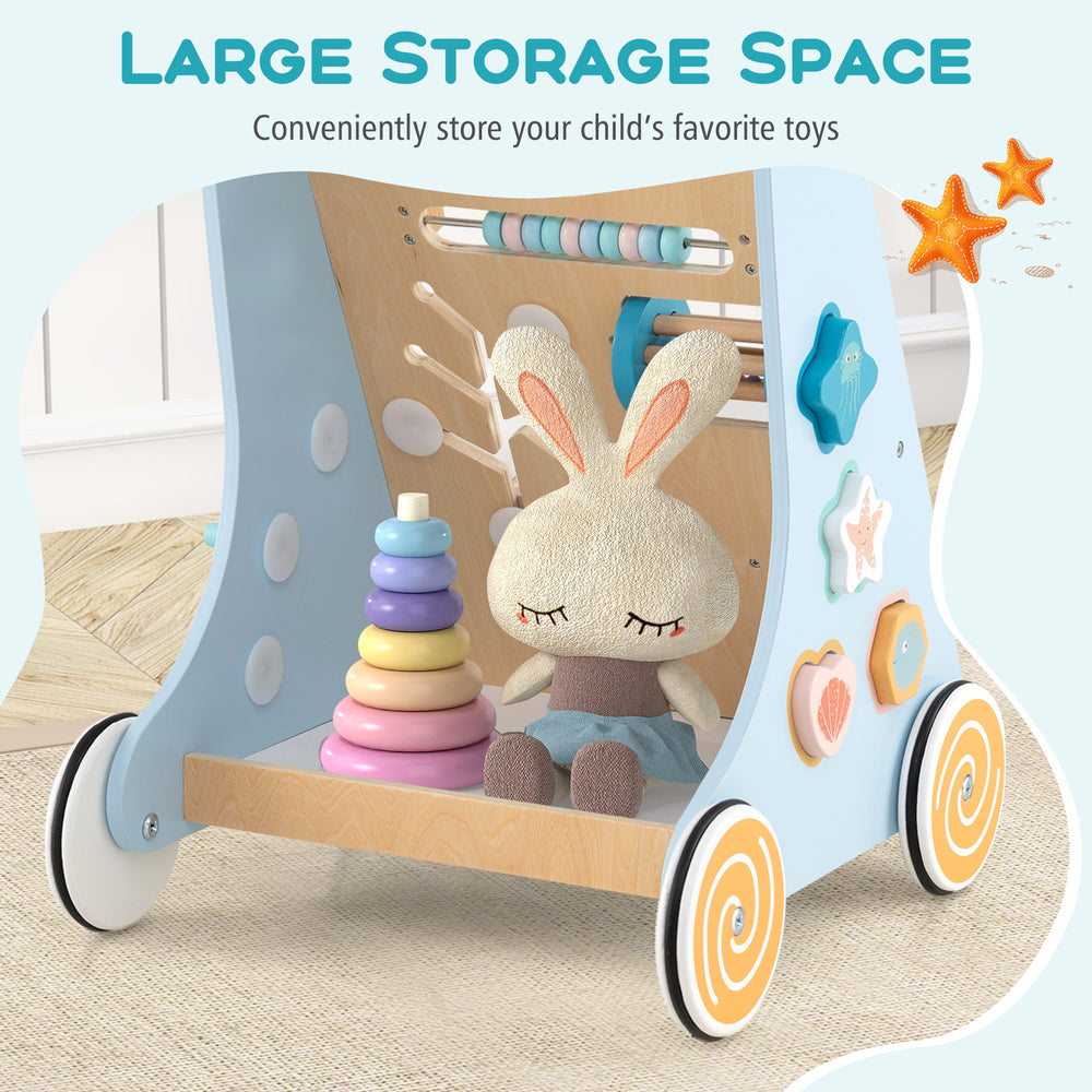 Wooden baby walker in blue with large storage space, featuring a xylophone and sensory toys for learning and play.