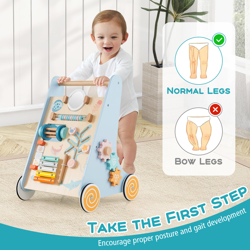 Wooden baby walker in blue with activity features, promoting learning and proper gait development for toddlers.