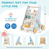Wooden baby walker activity center in blue with wheels, featuring a mirror, xylophone, and shape sorters for learning.