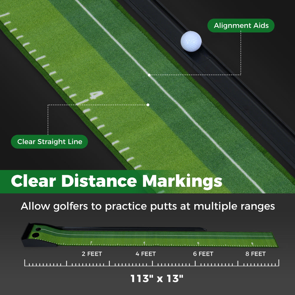 Indoor golf putting mat with clear distance markings, auto ball return, and three practice balls for consistent.