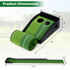 Putting green indoor golf mat with auto ball return, featuring distance markings and includes 3 practice balls for.