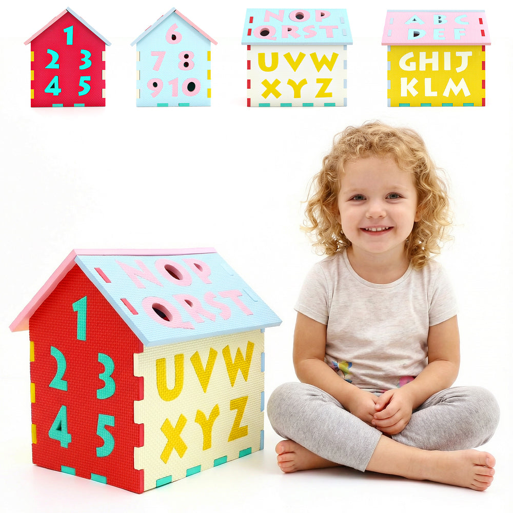 Colorful puzzle floor mats with interlocking alphabet and numbers, designed for kids' creative play and learning.
