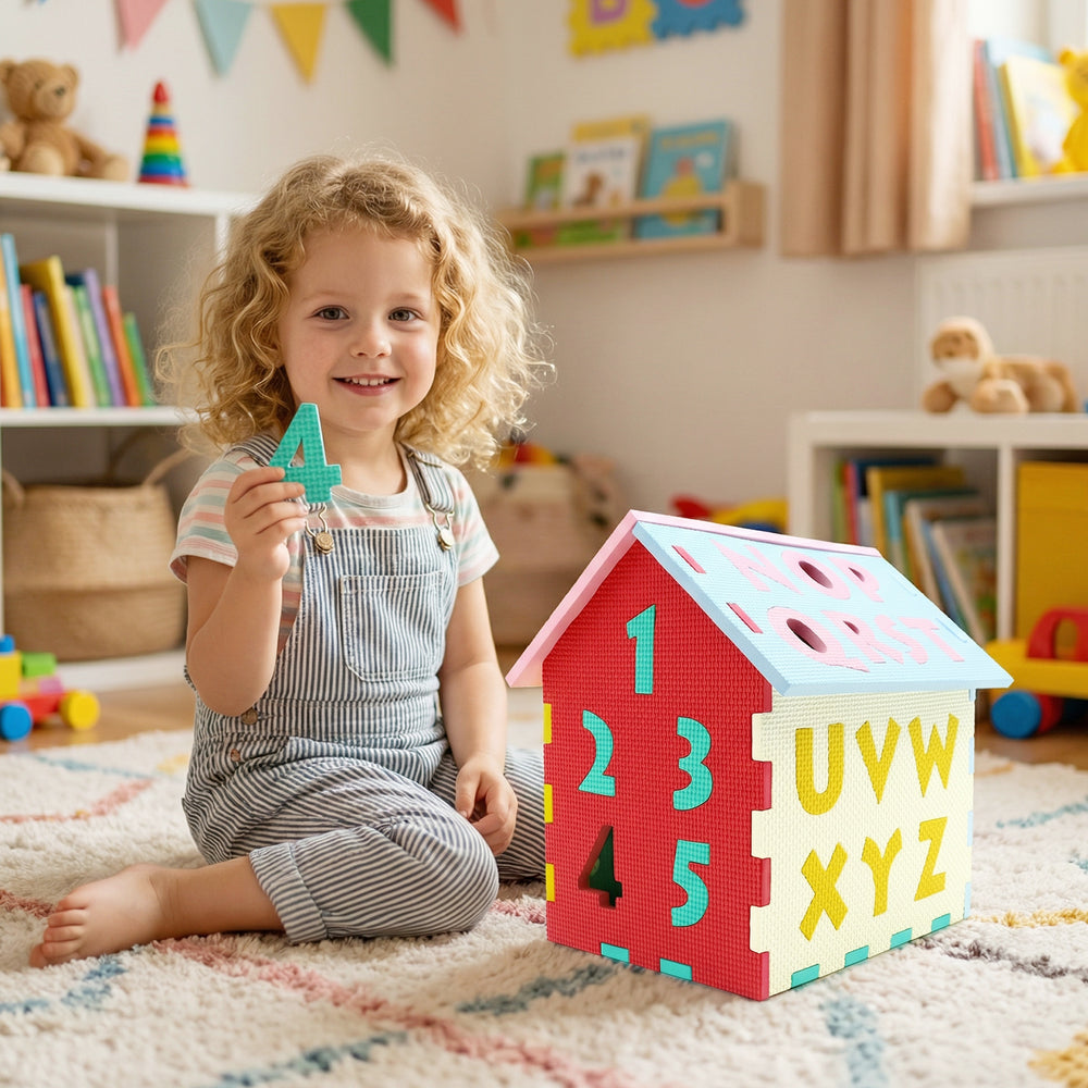 Colorful puzzle floor mats with interlocking letters and numbers, perfect for kids' playrooms and creative learning.