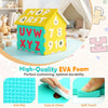 Colorful puzzle floor mats with interlocking letters and numbers, made of high-quality EVA foam for kids' playrooms.