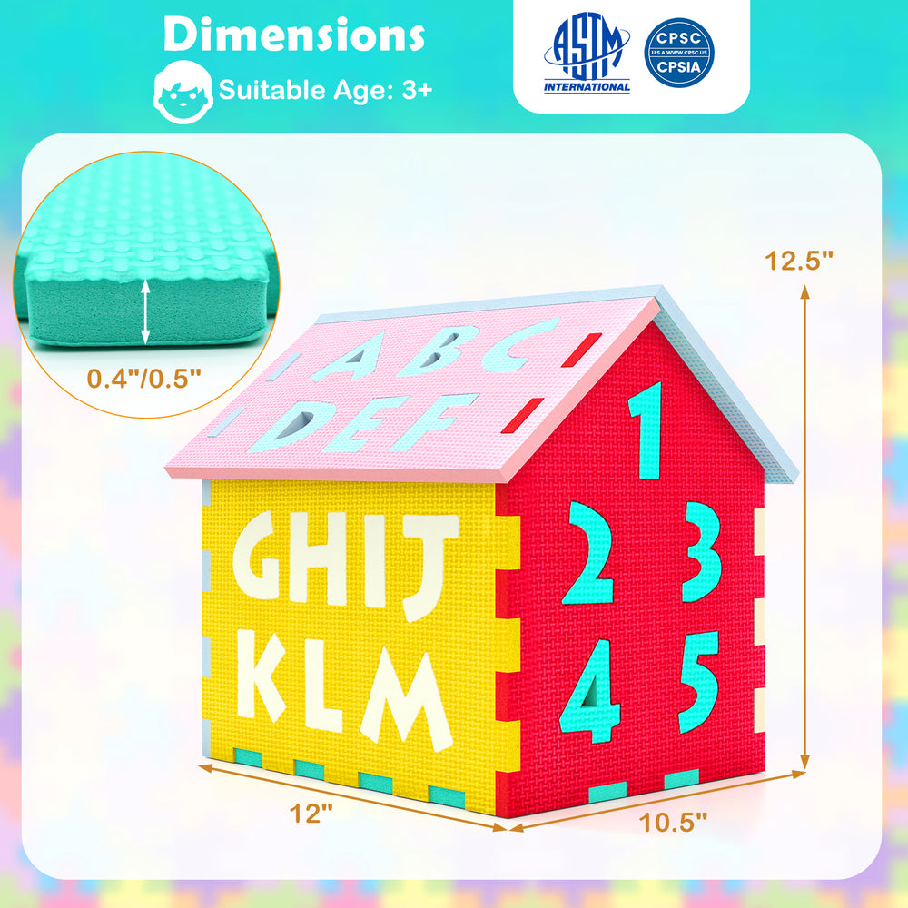 Colorful puzzle floor mats featuring interlocking letters and numbers, made of durable EVA foam for kids' playrooms.