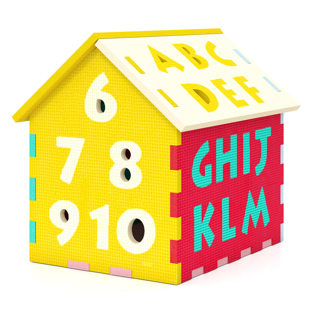 Colorful puzzle floor mats shaped like a house featuring interlocking alphabet and numbers for creative play and.