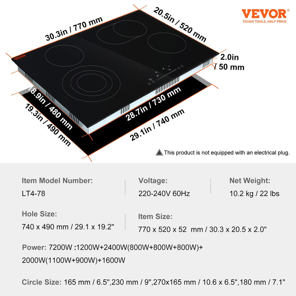 Vevor Built-In Electric Stove Top 30.3" x 20.5" 4-Burner 240V Sensor Touch Glass Cooktop with 9 Power Levels New