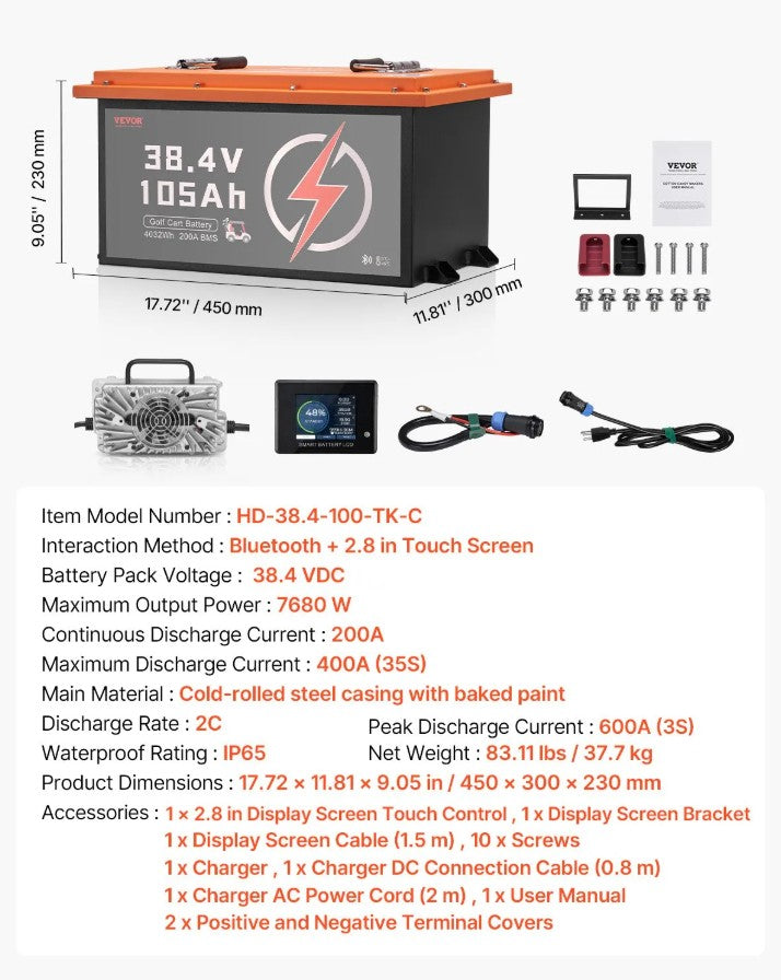 Vevor Golf Cart Battery 36V 105Ah LiFePO4 with Touch Monitor and 20A Charger New