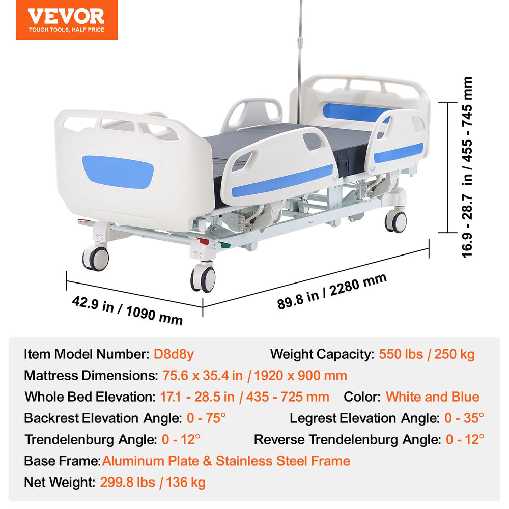 Vevor Hospital Bed Premium 5 Function Full Electric for ICU 550 Lbs Capacity New