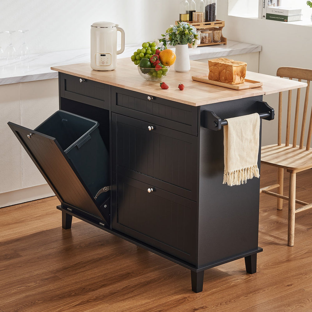 Vevor Kitchen Island Cart 47.2" Solid Rubberwood Top with Drop Leaf 4 Drawers and Trash Can Cabinet Black New