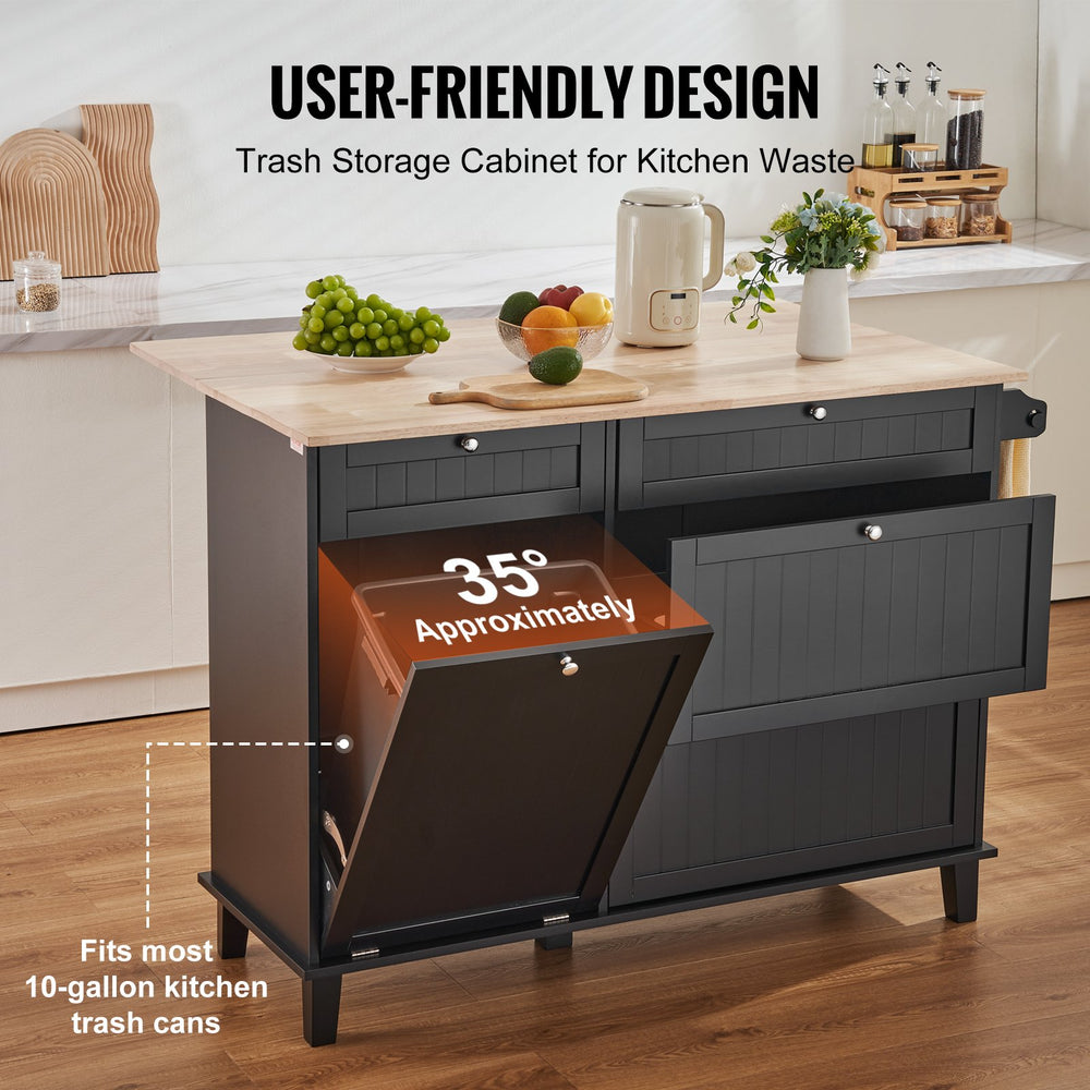 Vevor Kitchen Island Cart 47.2" Solid Rubberwood Top with Drop Leaf 4 Drawers and Trash Can Cabinet Black New