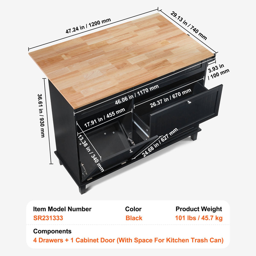 Vevor Kitchen Island Cart 47.2" Solid Rubberwood Top with Drop Leaf 4 Drawers and Trash Can Cabinet Black New