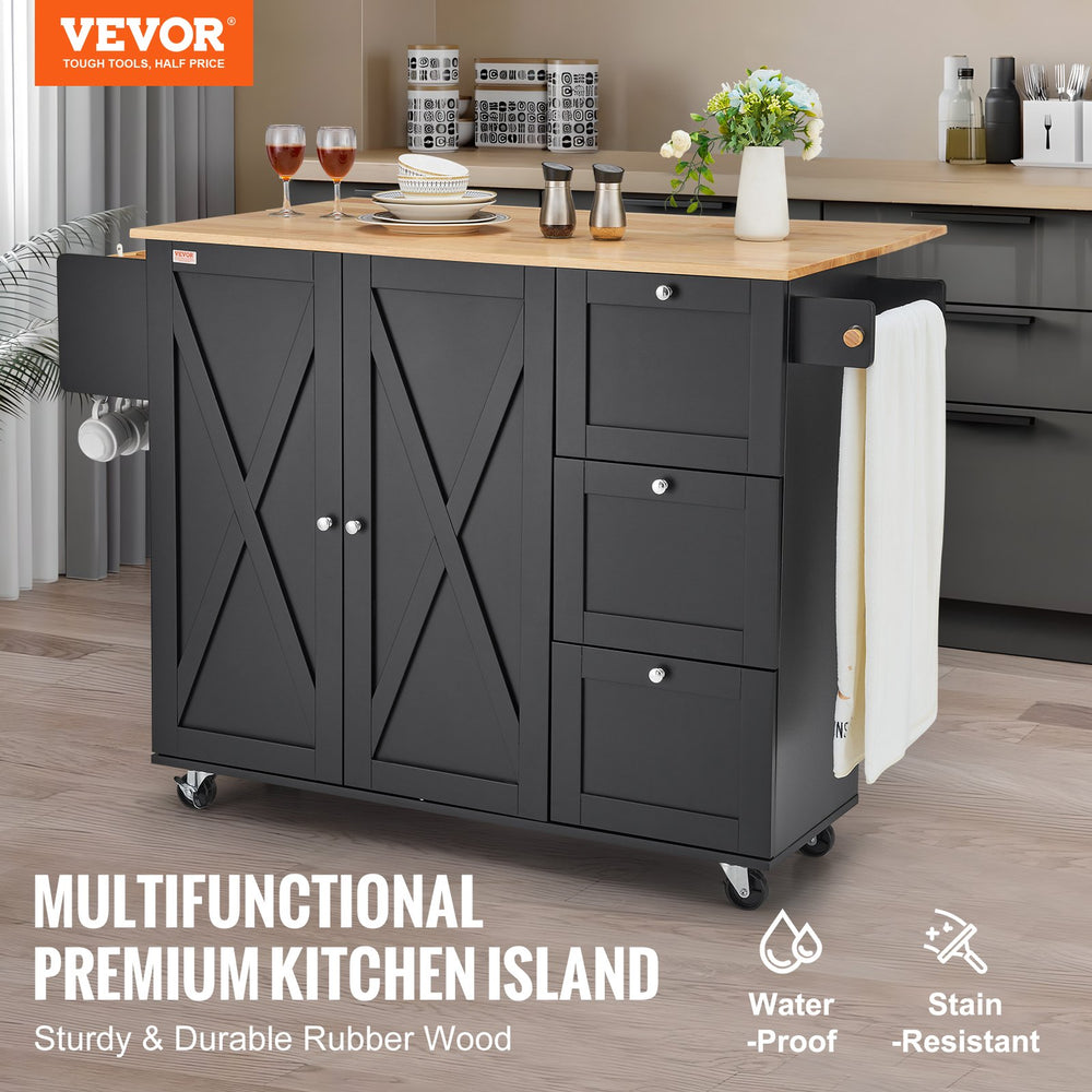 Vevor Kitchen Island Cart 45.3" Solid Rubberwood Top Mobile with Drop Leaf Spice Rack and 3 Drawers Black New