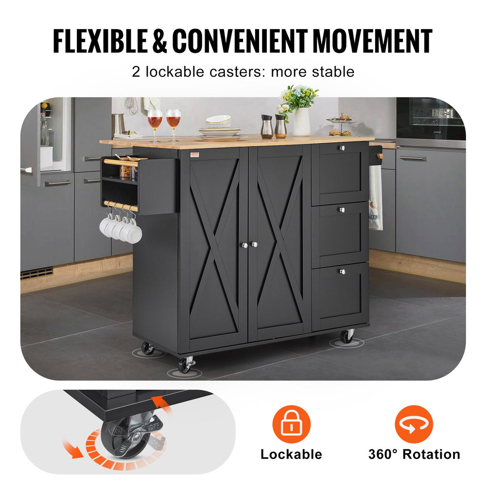 Vevor Kitchen Island Cart 45.3" Solid Rubberwood Top Mobile with Drop Leaf Spice Rack and 3 Drawers Black New