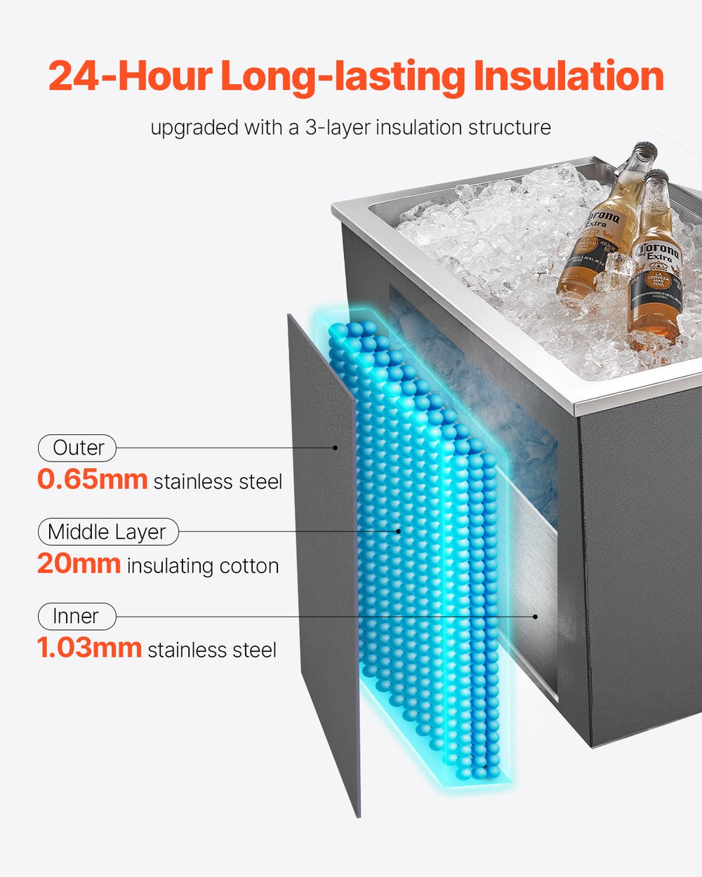 Vevor Drop-In Ice Chest 87.6 Qt Stainless Steel 28" x 16" x 17" Insulated with Flip Lid and Drain New