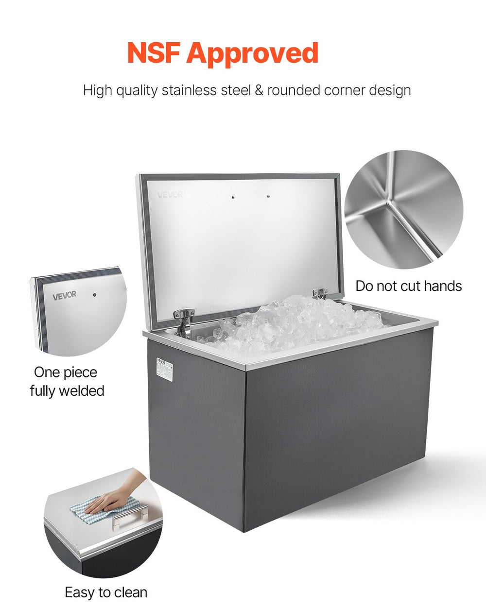 Vevor Drop-In Ice Chest 87.6 Qt Stainless Steel 28" x 16" x 17" Insulated with Flip Lid and Drain New