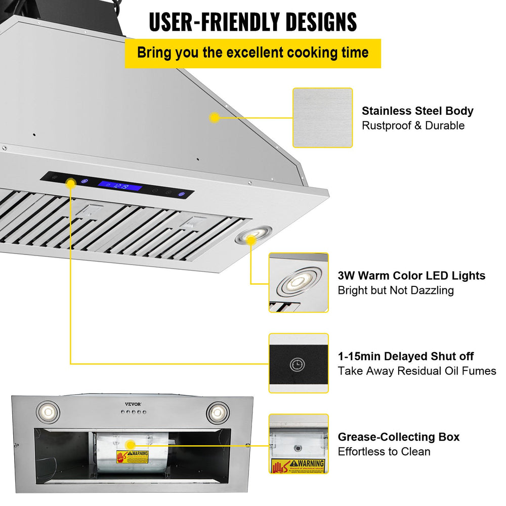 Vevor 36" Insert Range Hood 900 CFM Stainless Steel Vent with Touch and Remote Control LED Lights ETL Listed New