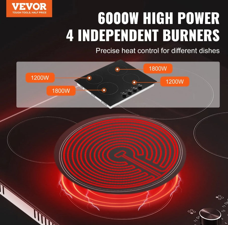 Vevor Built-In Electric Radiant Ceramic Cooktop 24" 4 Burners 6000W New