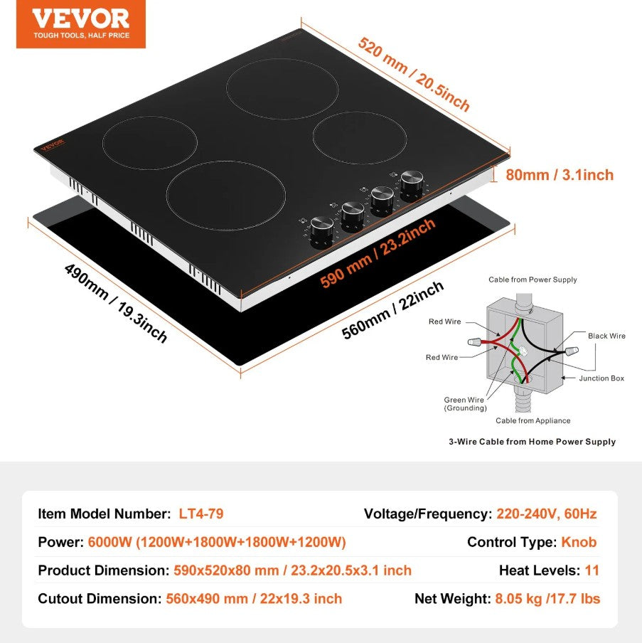 Vevor Built-In Electric Radiant Ceramic Cooktop 24" 4 Burners 6000W New