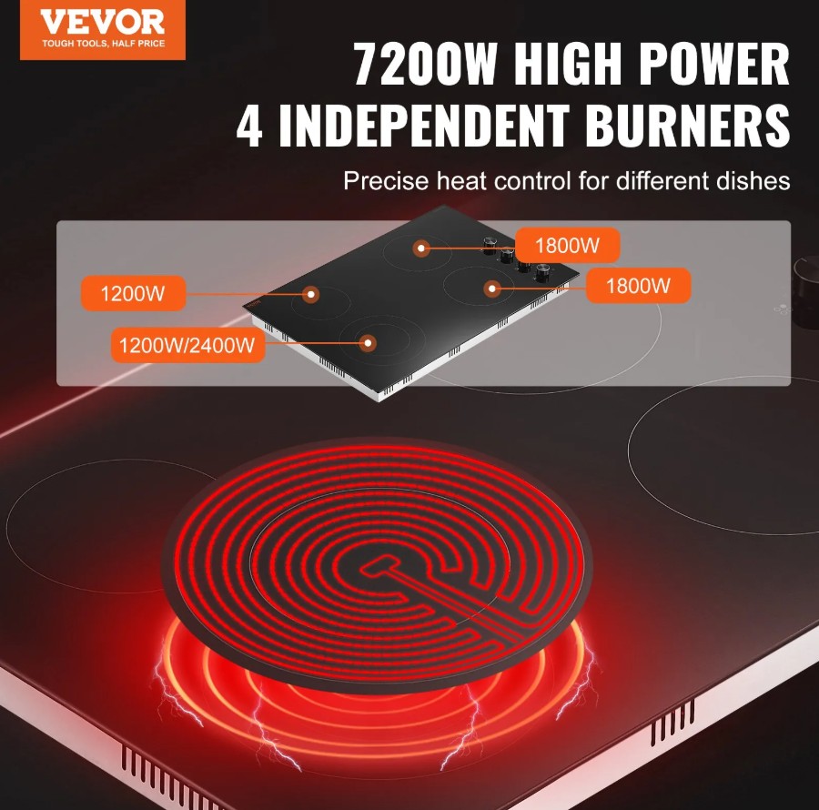Vevor Built-In Electric Radiant Ceramic Cooktop 30" 4 Burners 7200W New