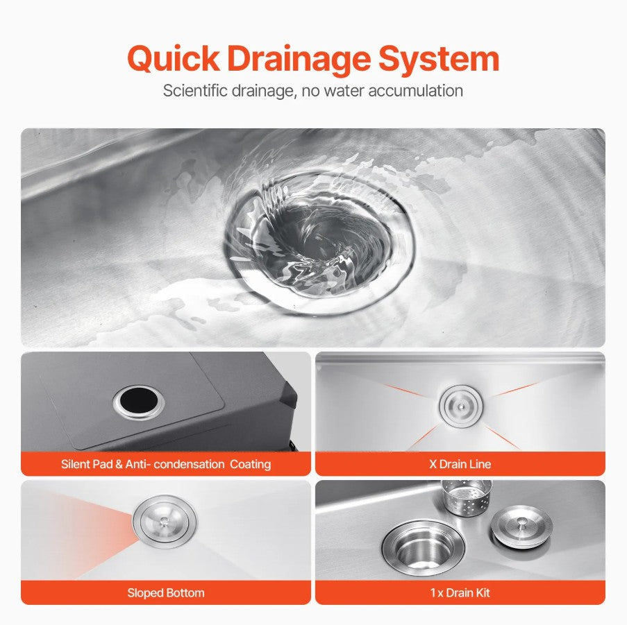 Vevor Kitchen Sink 33" Top Mount Single Bowl Stainless Steel with Accessories New