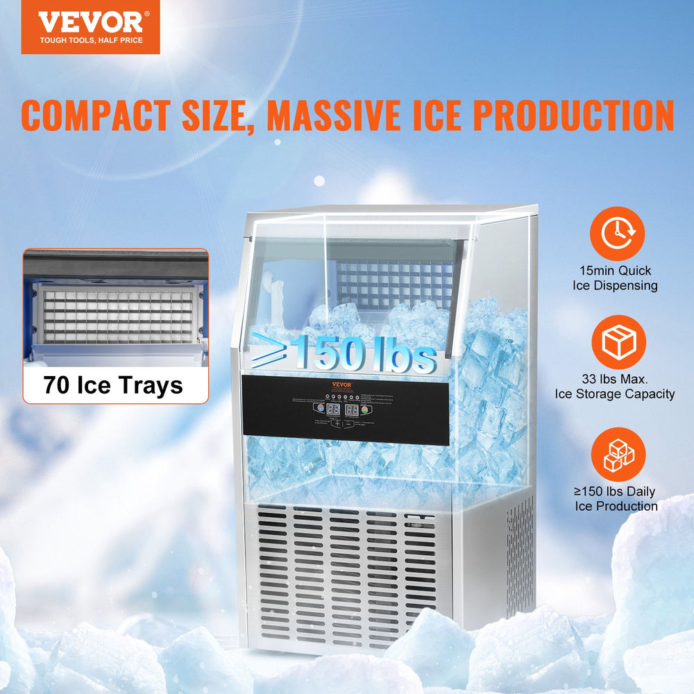 Vevor Commercial Ice Maker 150lbs/24H with 33lbs Storage Freestanding Auto Cleaning New