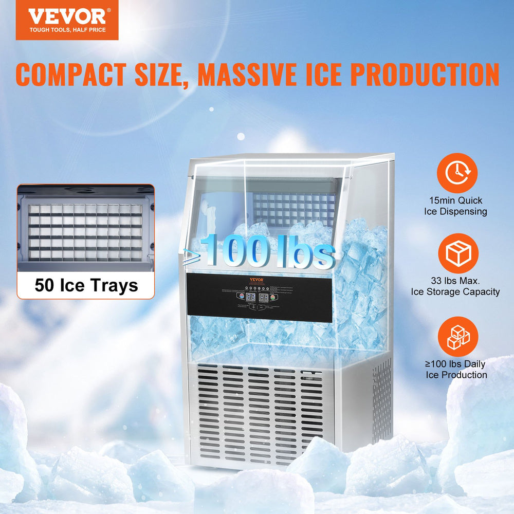 Vevor Commercial Ice Maker 100lbs/24H with 33lbs Storage Freestanding Auto Cleaning New
