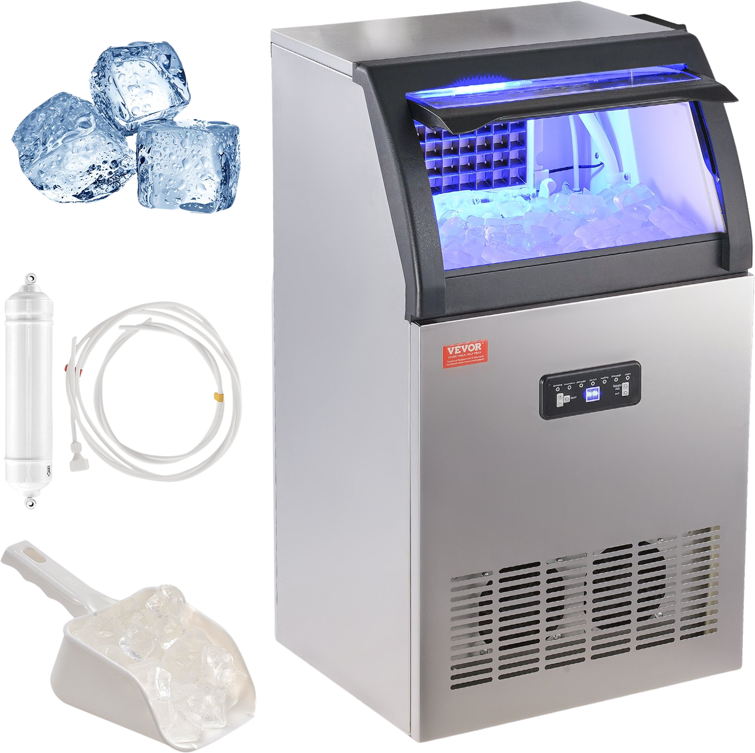 Vevor Commercial Ice Maker 130Lbs/24H with 33 Lbs Storage LED Digital Display Auto Cleaning New