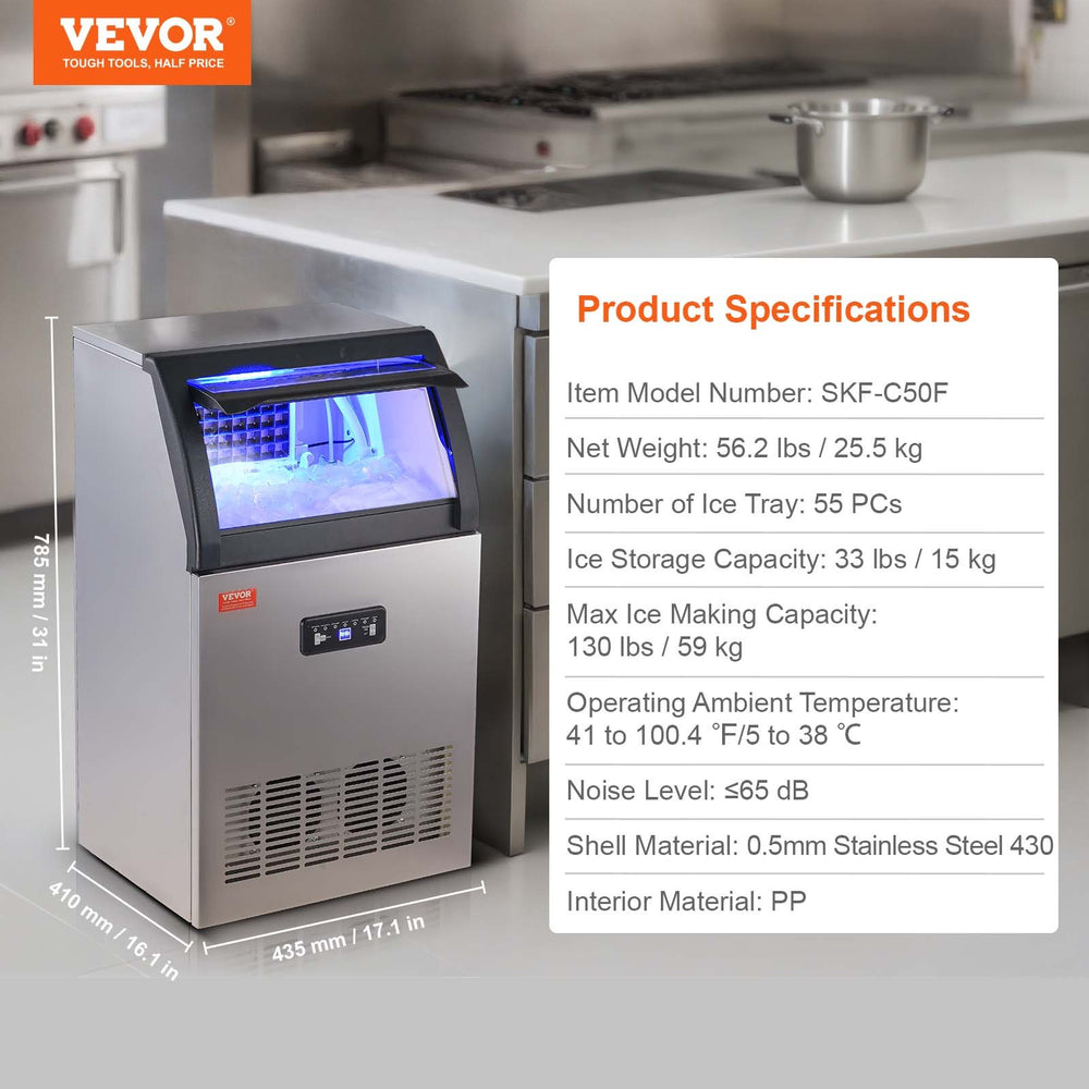 Vevor Commercial Ice Maker 130Lbs/24H with 33 Lbs Storage LED Digital Display Auto Cleaning New