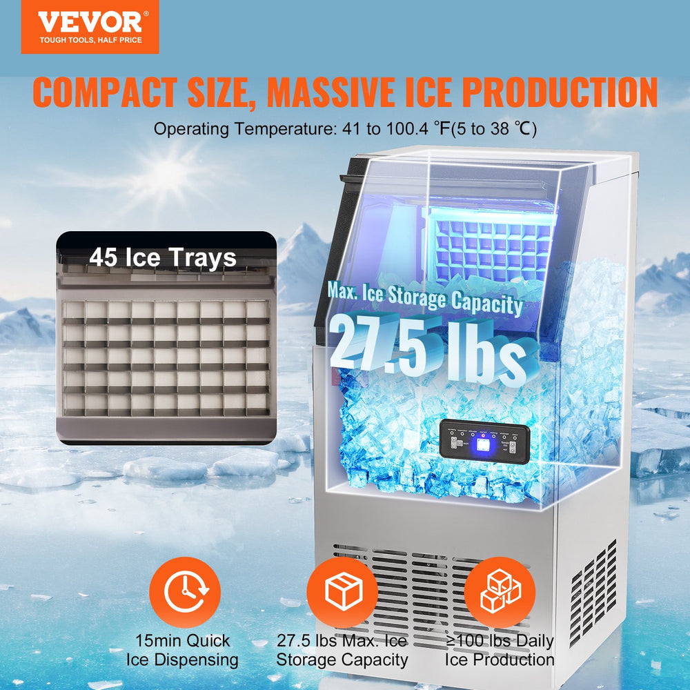 Vevor Commercial Ice Maker 100Lbs/24H with 27.5 Lbs Storage LED Digital Display Auto Cleaning New