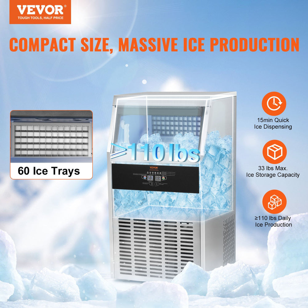 Vevor Commercial Ice Maker 110lbs/24H with 33lbs Storage 60 Cubes Freestanding Auto Cleaning New